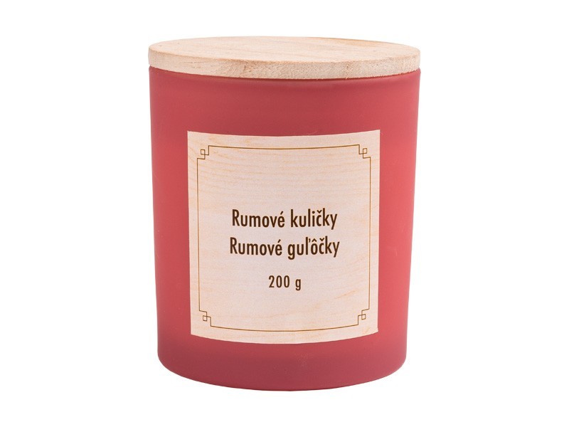 Vonná sójová svíčka s dřevěným víčkem, Rumové kuličky, 8x 9cm, 200 g