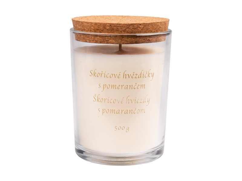 Vonná  sójová svíčka s korkovým víčkem, Skořicové hvězdičky s pomerančem, 10x12,5cm, 500 g