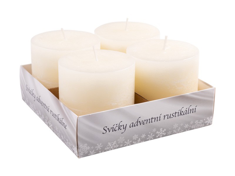 Sviečky adventné rustikálne 4ks biele, 7x7 cm
