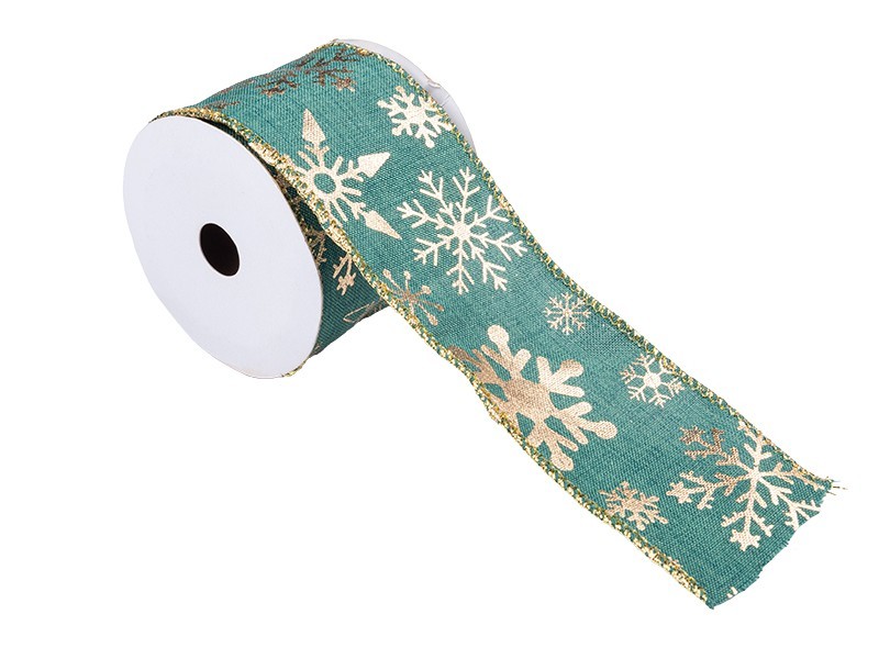 Vianočná stuha zelená so snehovými vločkami, 6,3cm x 910cm