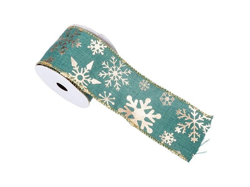 Vianočná stuha zelená so snehovými vločkami, 6,3cm x 910cm