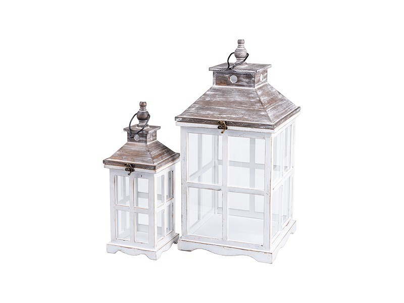 Dřevěná lucerna s patinou, 27,5x26,5x58,5 cm, set 2ks