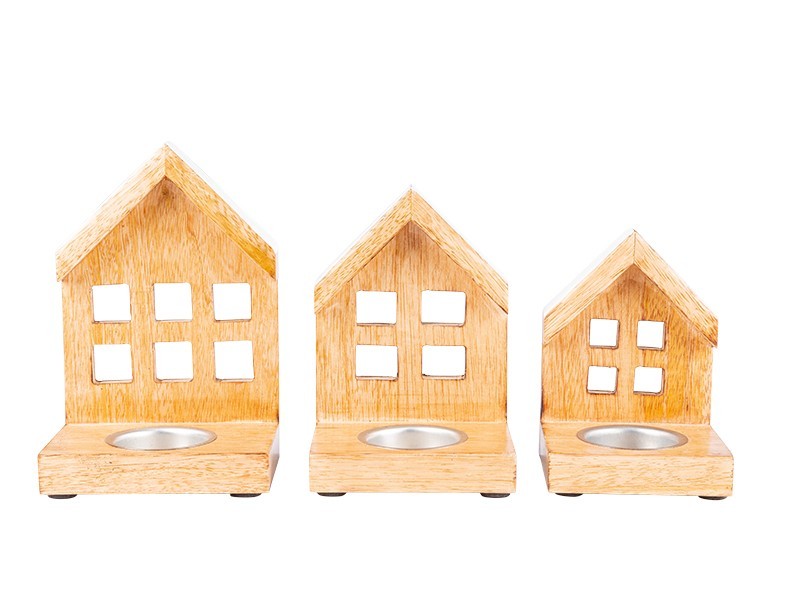 Domček na sviečky z mangového dreva, 8x11,9x13,10x15 cm