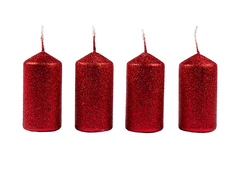 Svíčka válec 40x80mm 4 ks flitr červená - foto 1 Svíčka válec 40x80mm 4 ks flitr červená