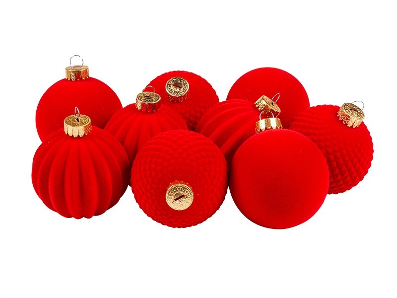 Vianočné zamatové gule, červené, 9x80mm