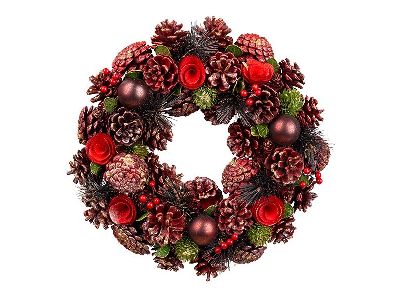 Věnec šiškový, červený, 34x34x8,5 cm