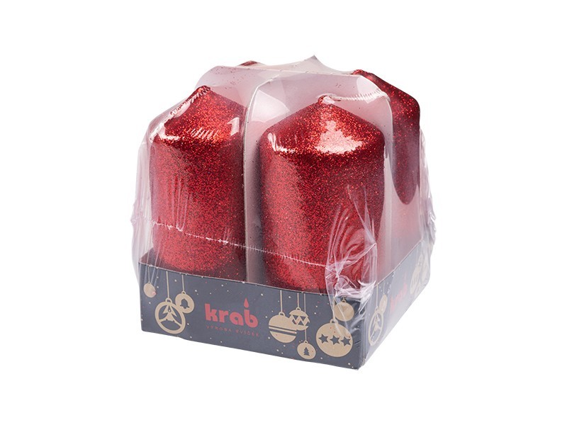 Svíčka válec 40x80mm 4 ks flitr červená - foto 2 Svíčka válec 40x80mm 4 ks flitr červená