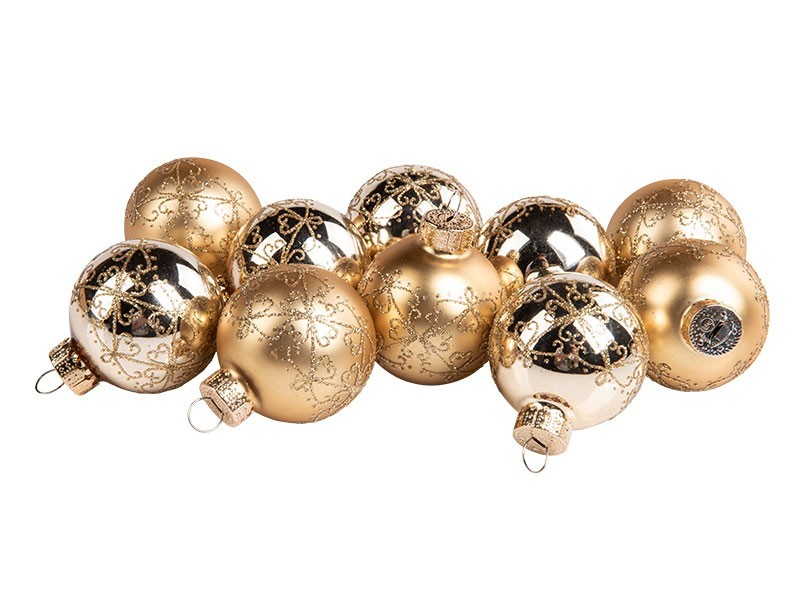 Koule vánoční, sklo, 10ks, dekor, zlatá
