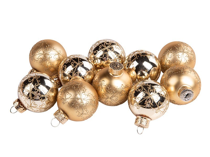 Koule vánoční, sklo, 10ks, dekor, zlatá