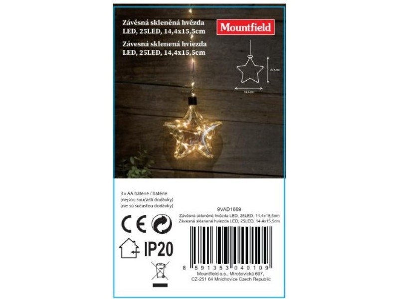Závěsná skleněná hvězda LED, 25LED, 14,4x15,5 cm