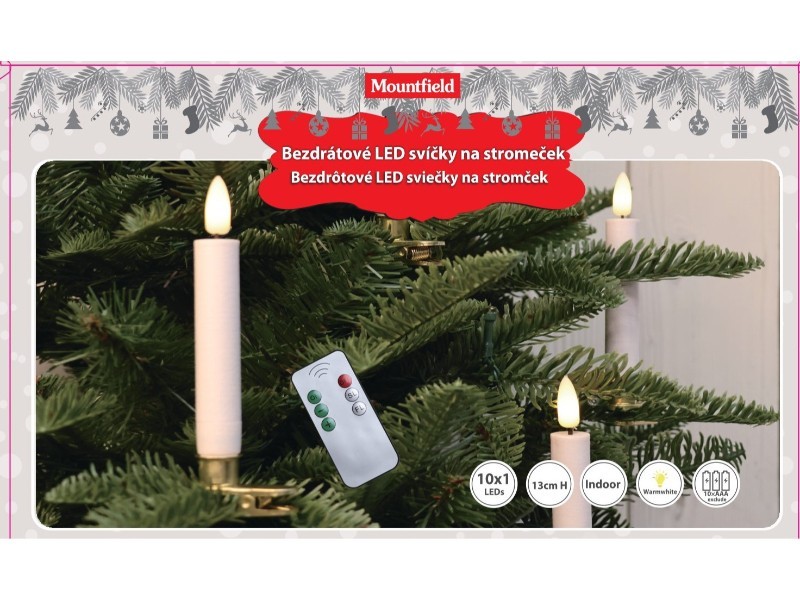 Bezdrátové LED svíčky na stromeček, 10ks,1,5x13 cm, zlatý klip