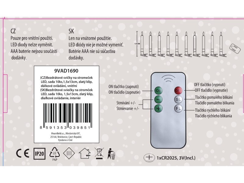 Bezdrátové LED svíčky na stromeček, 10ks,1,5x13 cm, zlatý klip
