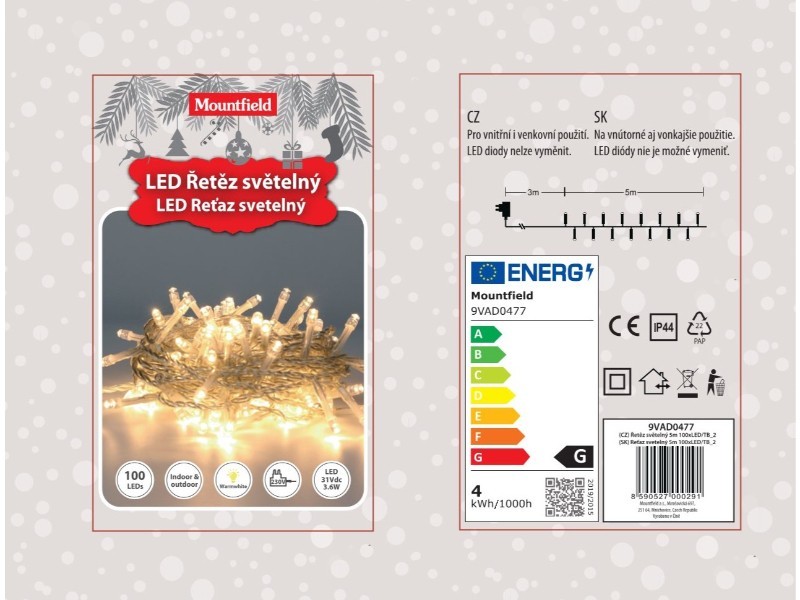 Svetelná reťaz 5m, 100LED, teplá biela