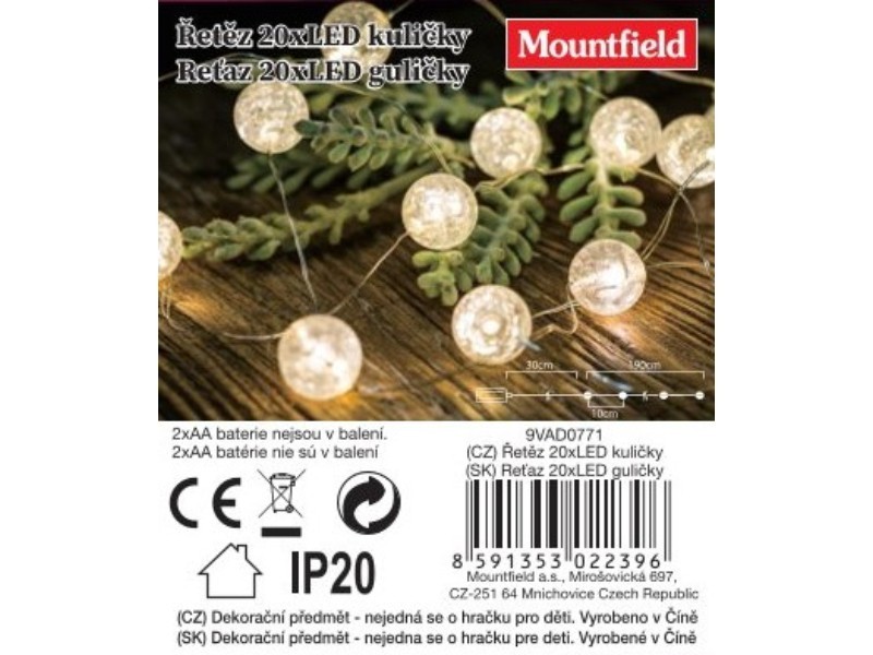 Svetelná reťaz gule 20LED, teplá biela