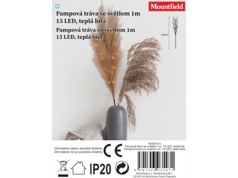 Pampová tráva se světlem 1m, 15 LED, teplá bílá