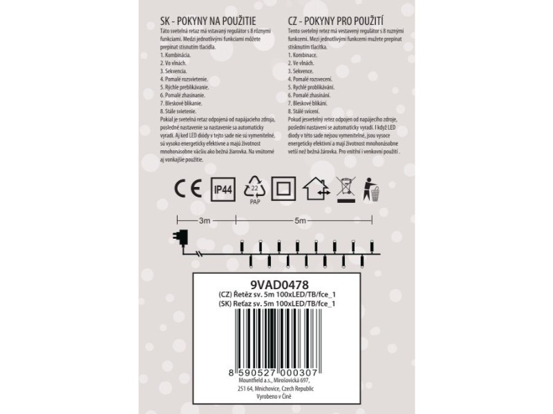 Svetelná reťaz 5m, 100LED, teplá biela 8fce