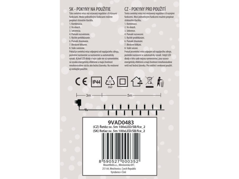 Svetelná reťaz 5m, 100LED, studená biela 8fce