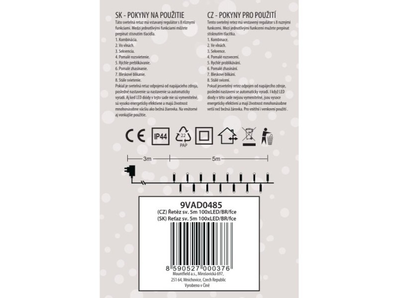Svetelná reťaz 5m, 100LED, farebná 8fce