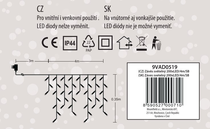 Světelný závěs 4m, 200LED, studená bílá