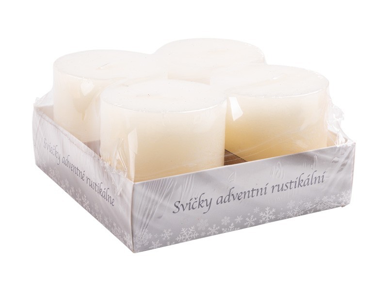 Sviečky adventné rustikálne 4ks biele, 7x7 cm