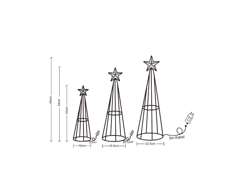 Set 3ks LED vánoční stromek s hvěždou, 43 cm, 54 cm, 64 cm, venkovní