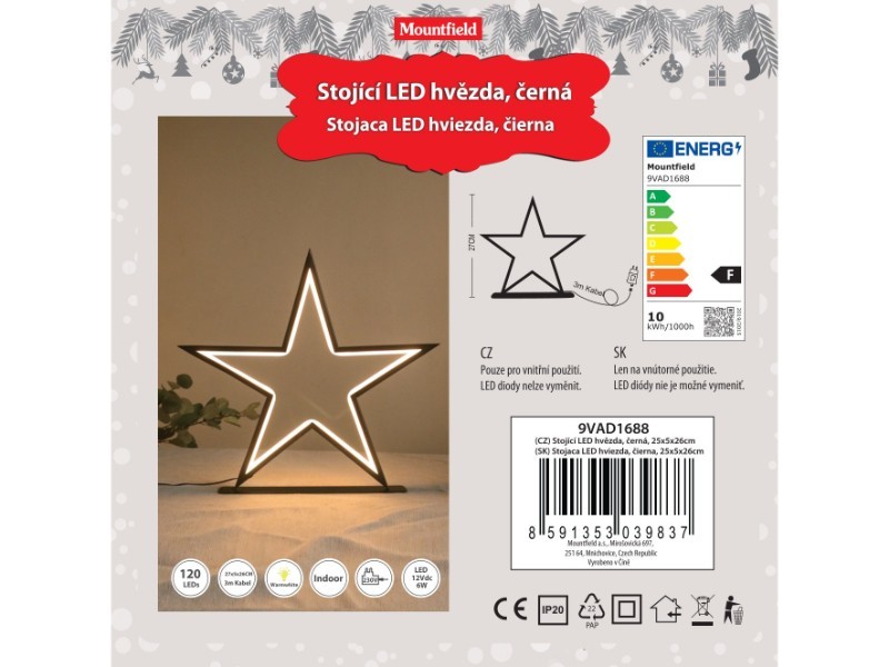 Stojaca LED hviezda, čierna, 25x5x26cm