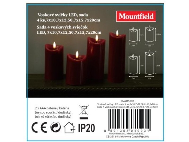 Voskové svíčky LED, sada 4 ks,7x10,7x12,50,7x15,7x20 cm