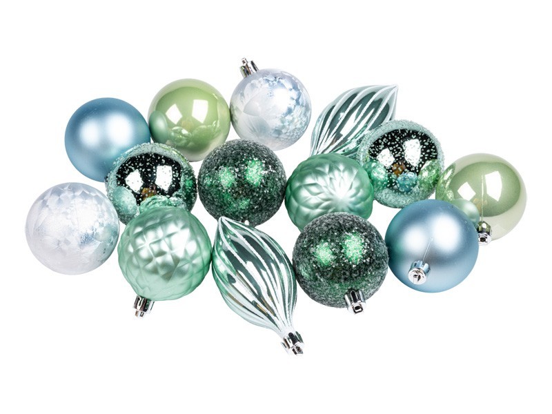 Vianočné gule, zelenkavý set 14ks