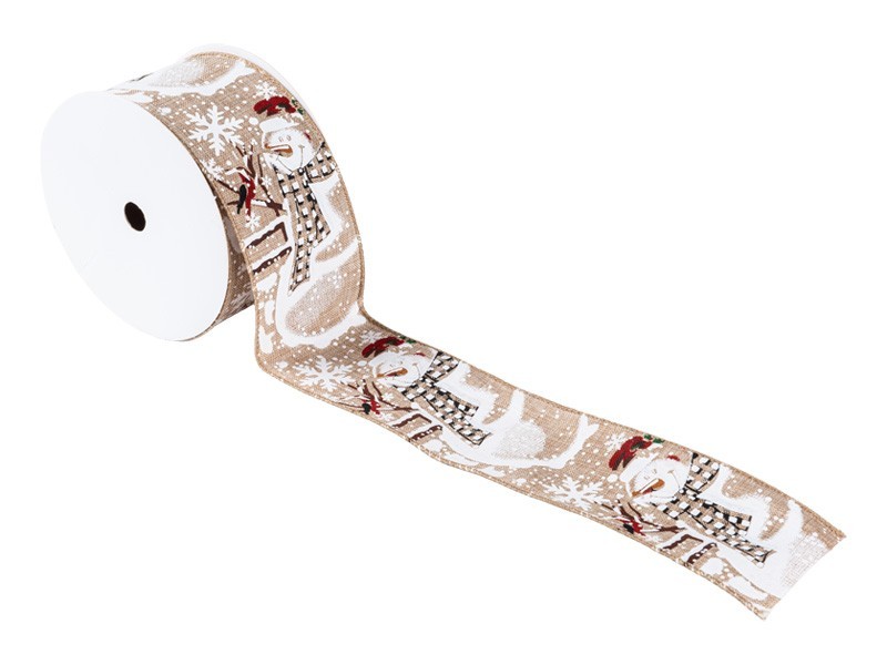 Béžová vánoční stuha se sněhulákem 6,3 x 910cm