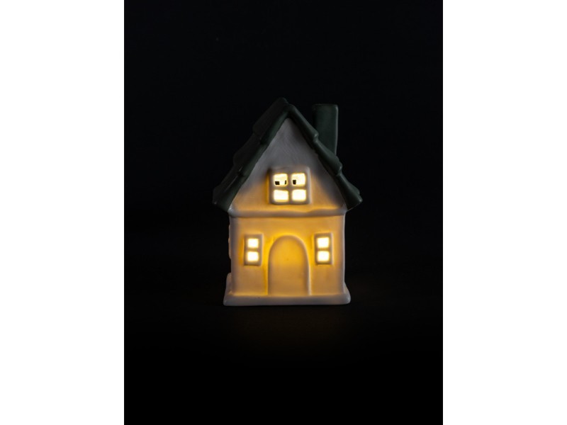 Keramický domček so zelenou strechou 12x8,3x16,3 cm LED