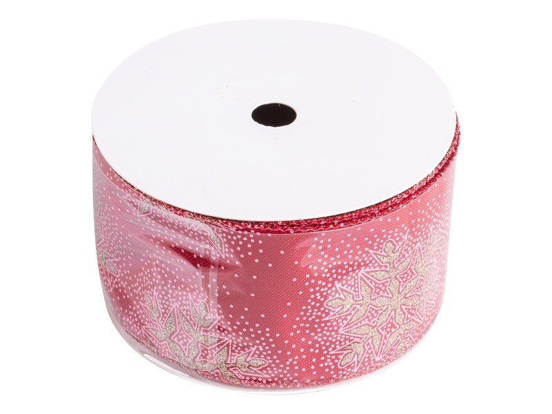 Červená vánoční stuha se zlatými vločkami 6,3 x 910 cm