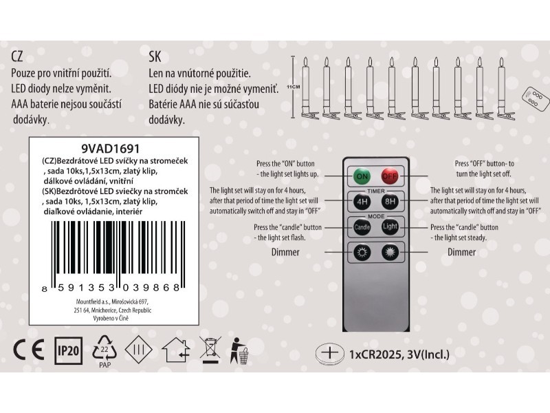 Bezdrôtové LED sviečky na stromček, 10ks,1,5x11cm, zelený klip