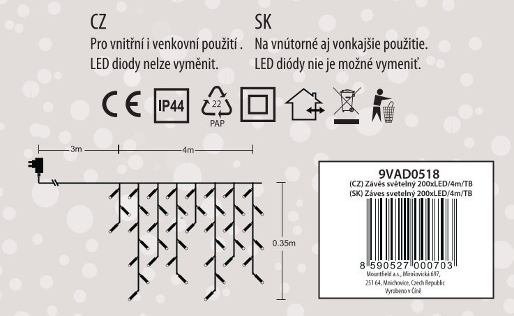 Svetelný záves 4m, 200LED, teplá biela - foto 6