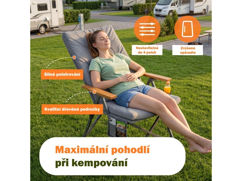 Skladacie kempingové kreslo s drevenými podrúčkami, svetlosivá - foto 3