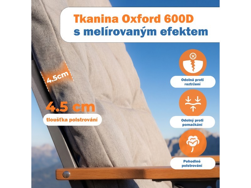 Skladacie kempingové kreslo s drevenými podrúčkami, svetlosivá - foto 6