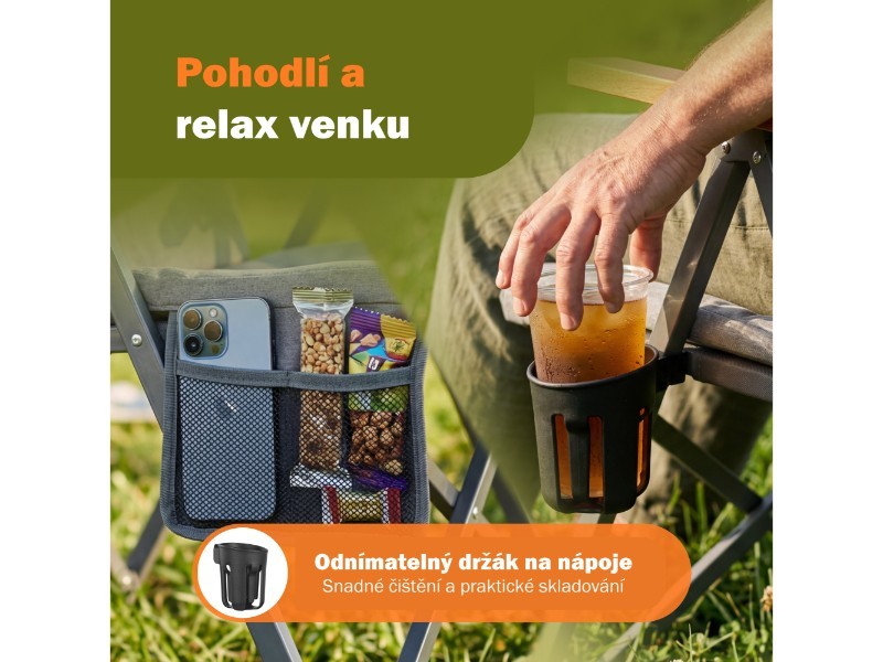 Skladacie kempingové kreslo s drevenými podrúčkami, svetlosivá - foto 8