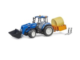 Bruder 2187 - Traktor New Holland T5.120 s čelním nakladačem, korbou, vidlemi a kulatým balíkem