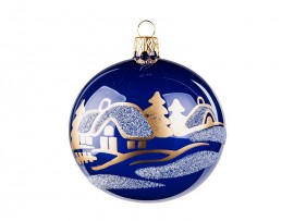 Sklenená vianočná guľa dedina 8cm, modrá