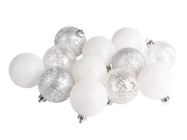 Vianočná guľa, plast, 12 ks, dekór, mix biela