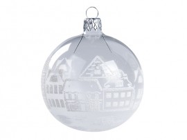 Sklenená vianočná guľa dedina 8cm, priehľadná